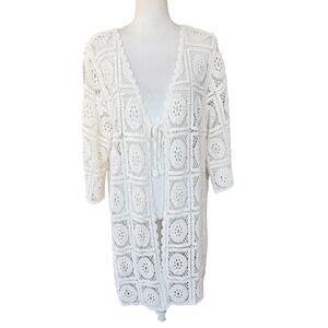 Solitaire White Crochet Knit Cardigan Open Front Tie Longline Boho Womens